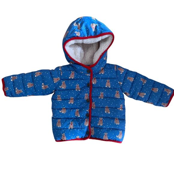 Baby Boden Other - Baby Boden Blue Teddy Bear Print Hooded Puffer Sherpa Lined Jacket 12-18M